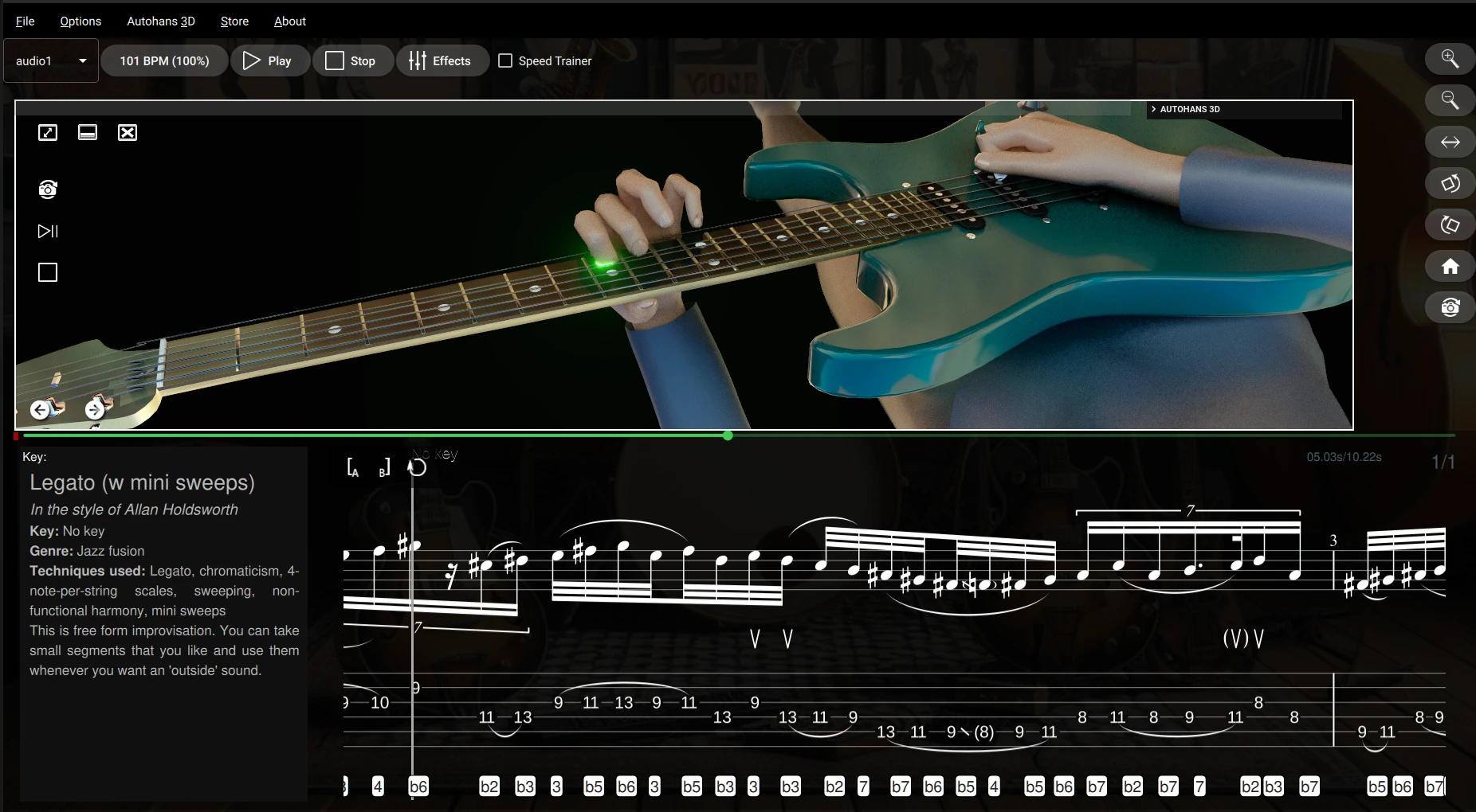 Autohans3D virtual guitarist playing from a tab